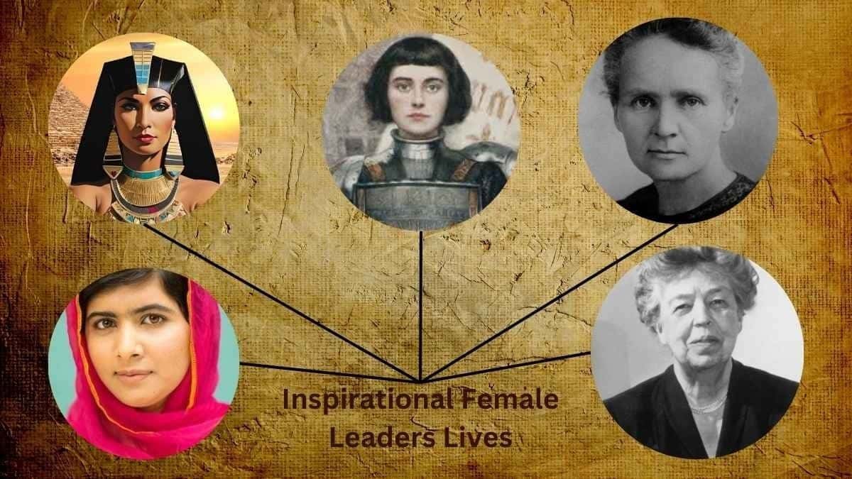 A collage of historical and modern inspirational female leaders, including Cleopatra, Joan of Arc, Marie Curie, Eleanor Roosevelt, and Malala Yousafzai, connected under the title "Inspirational Female Leaders Lives" on a textured background.